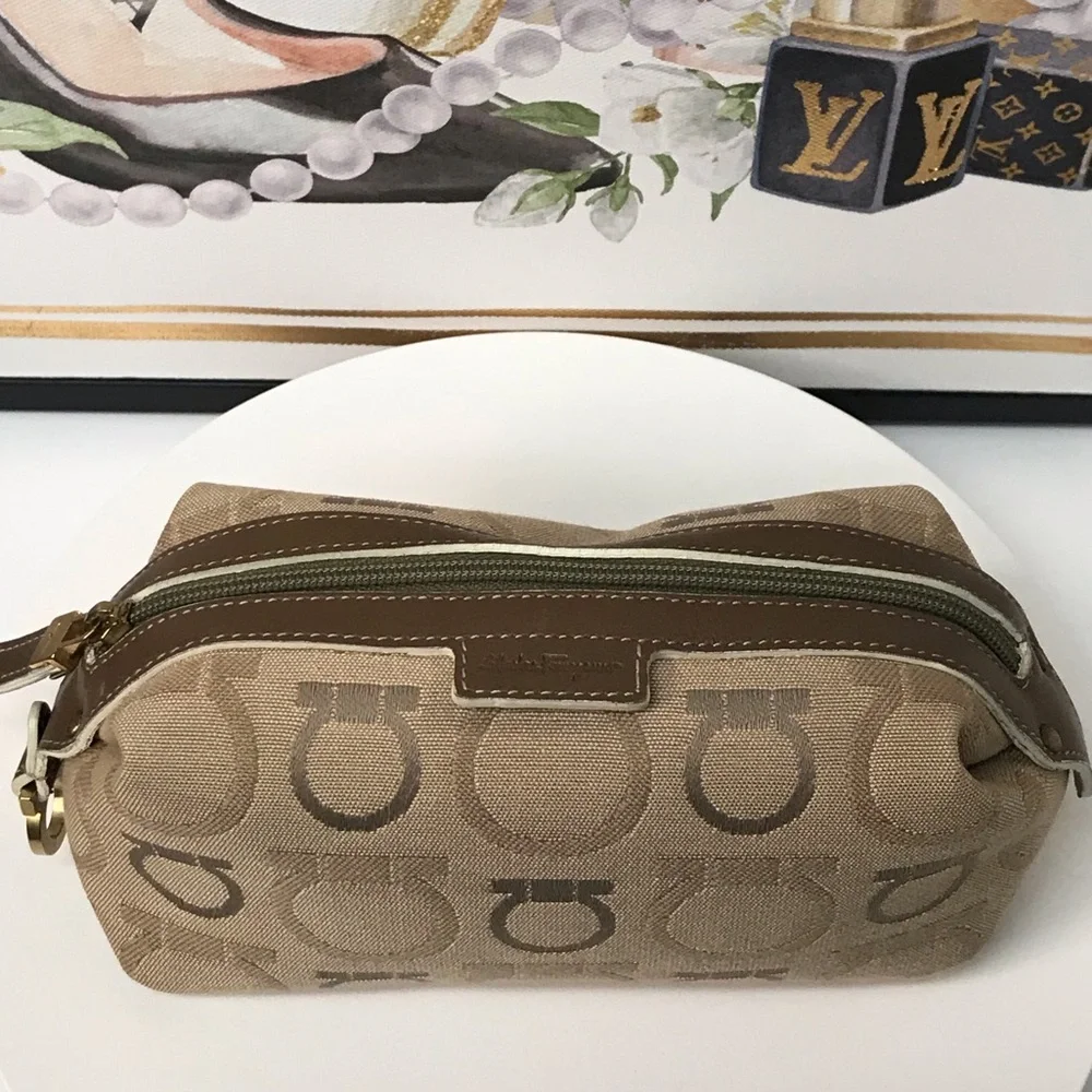 Salvatore Ferragamo Gancini Canvas/Leather Cosmetic Pouch Bag 😍